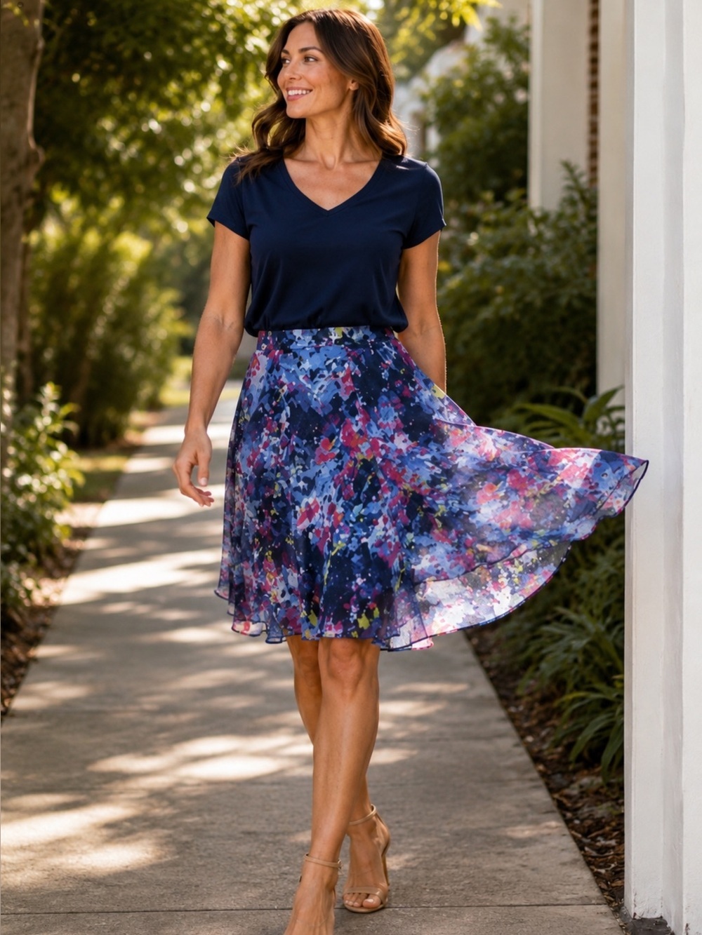 Lauren Ralph Lauren Blue Floral Print Flare Skirt Size 10 Chiffon Midi
